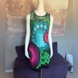 Desigual Green Blue &Pink Sheath Mini Dress Sleeveless Crew Neck Mesh Top Size M